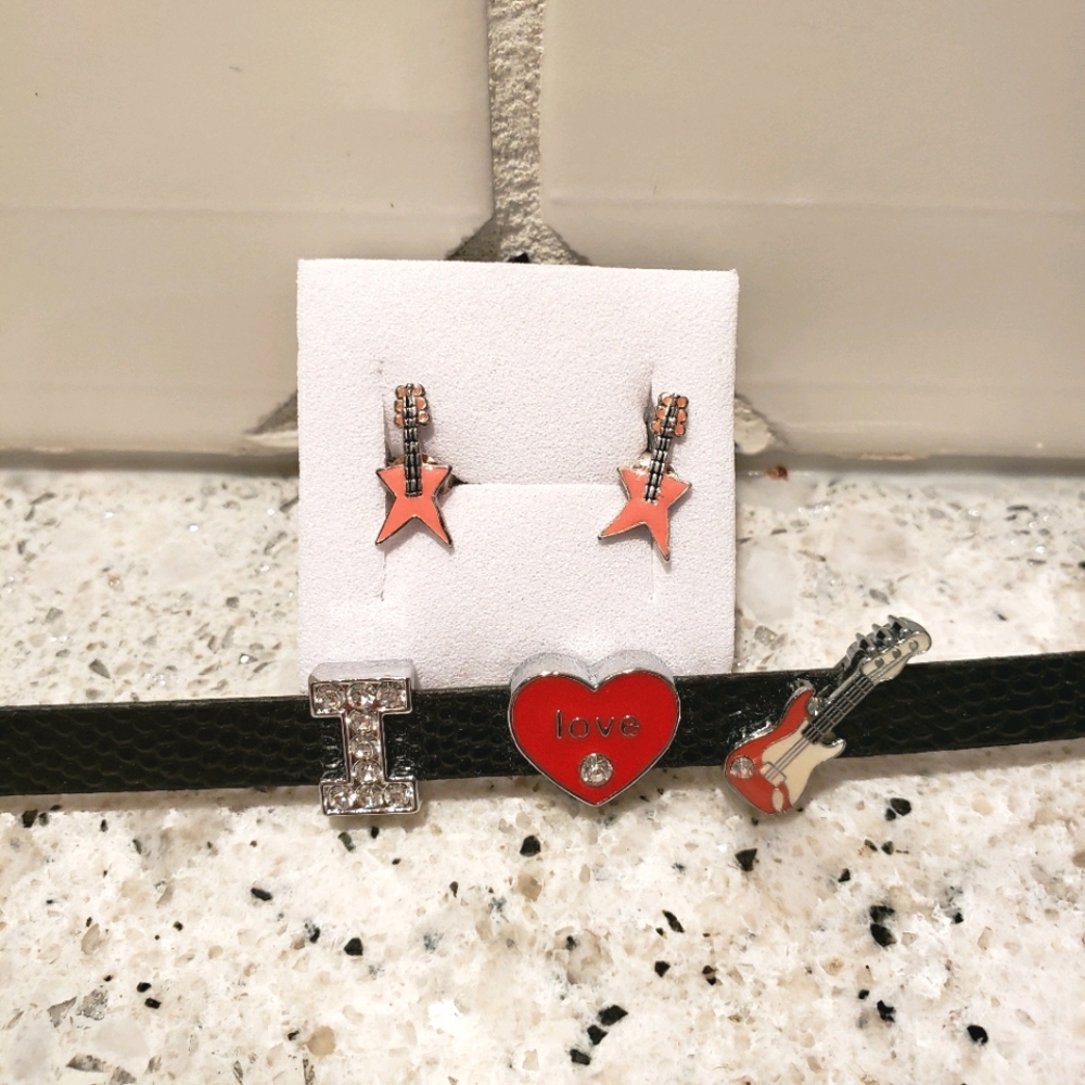 Guitar bracelet and earrings.